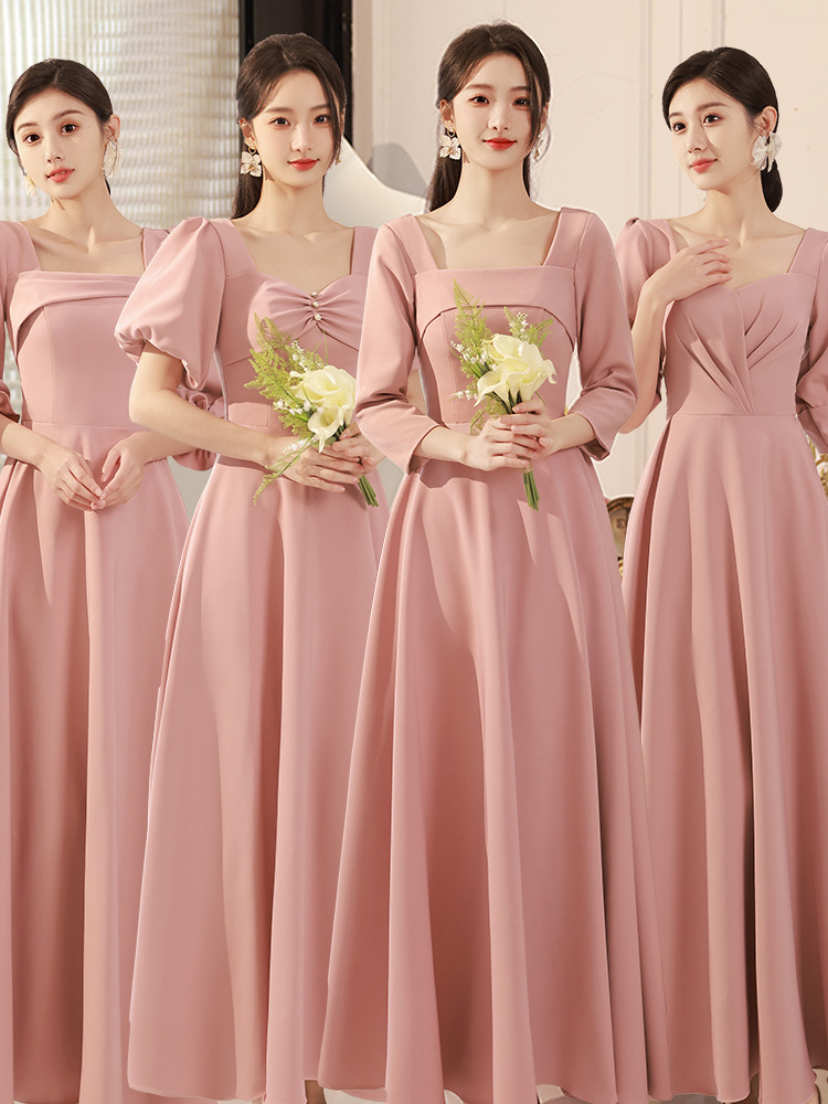 粉色缎面伴娘服女夏季简约长款连衣裙学生显瘦合唱团演出晚礼服裙