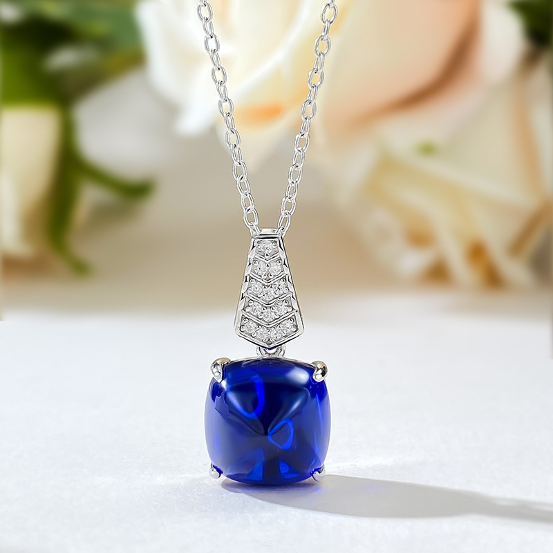 隆隆金珠宝 欧美新款s925银镶嵌10*10皇家蓝糖塔项链吊坠女锁骨链