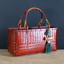 手工复古竹编手提包，深红色长方形中号包，茶具收纳包竹篮子