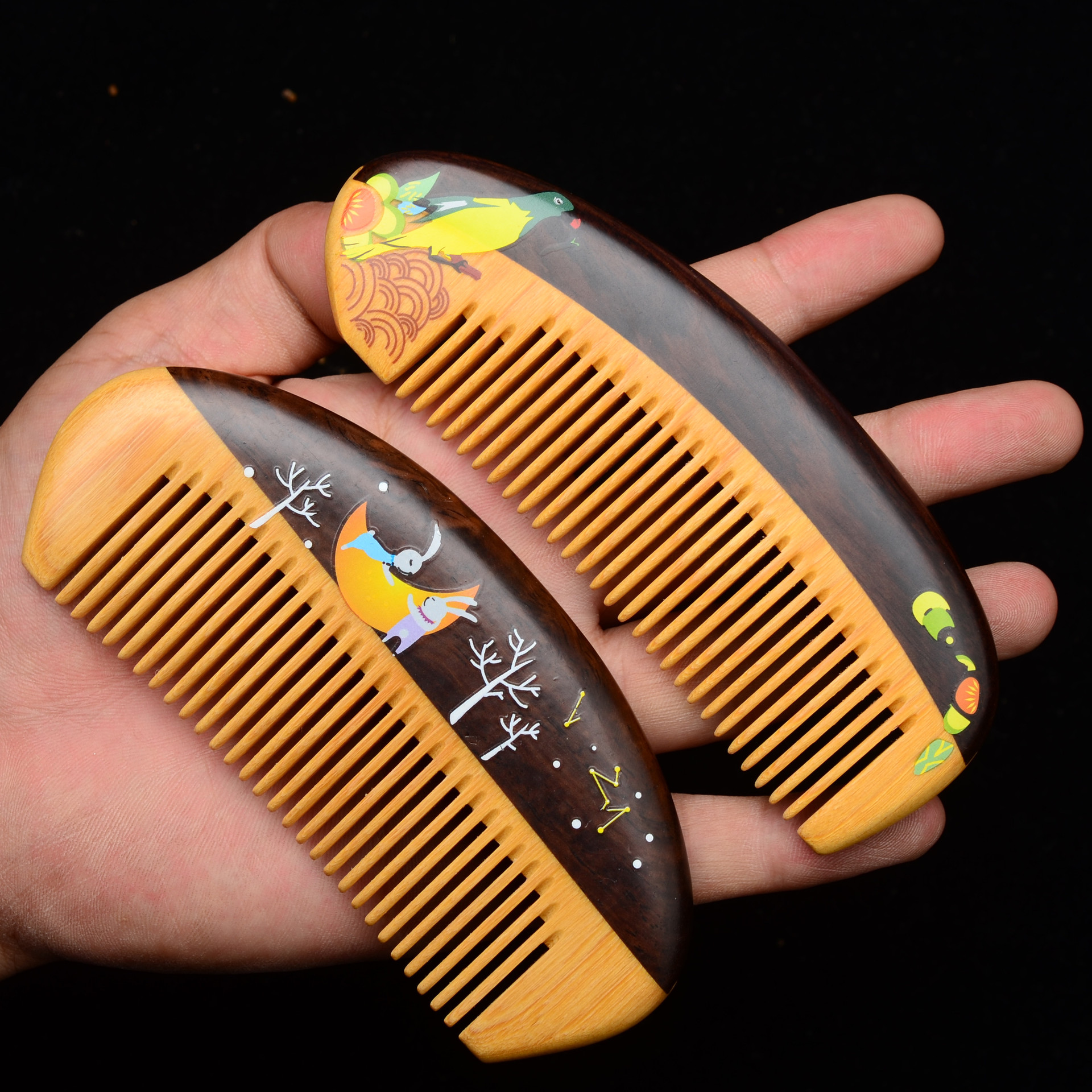 高端礼品梳子 黑檀木黄杨木拼接彩绘动物造型木梳 防静电实木梳子