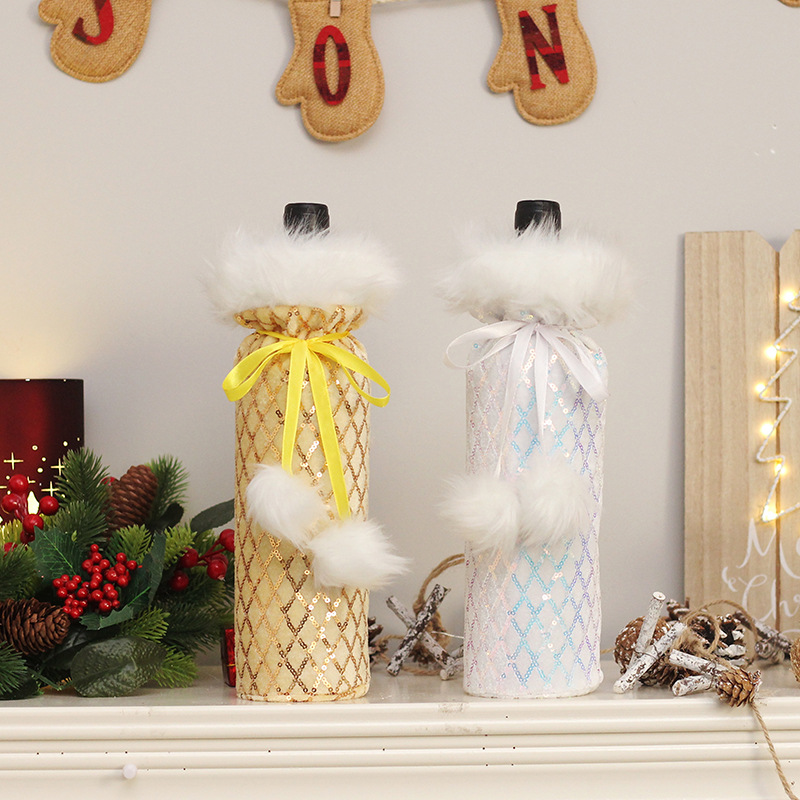 Cross-Border Christmas Decorations Christmas Sequins Bottle Cover Christmas Party Drawstring Wine Gift Box Dining Table Dress up