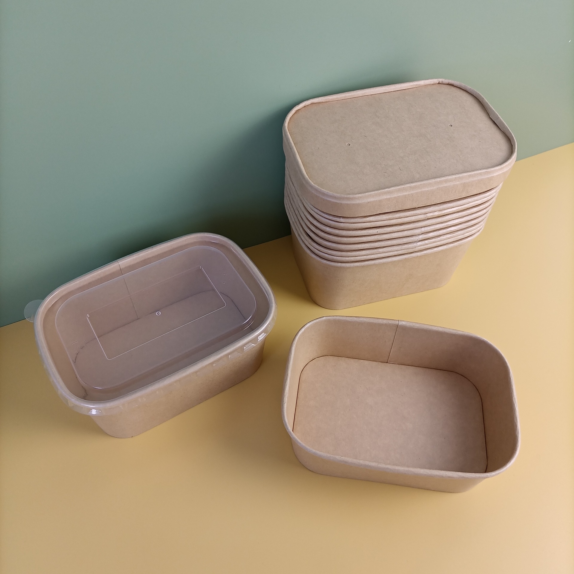 牛皮纸餐盒一次性外卖打包盒圆角快餐盒长方形纸碗食品沙拉包装盒