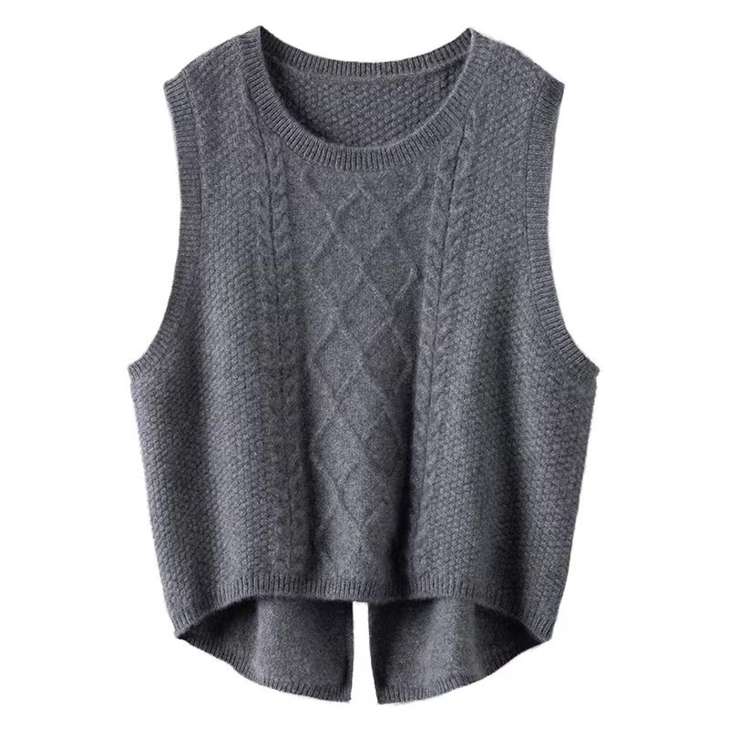 Thickened Short Front and Long Back New 23 Autumn and Winter Wool Vest Vest Women's Sleeveless Back Slit Knitted round Neck Bottoming Shirt