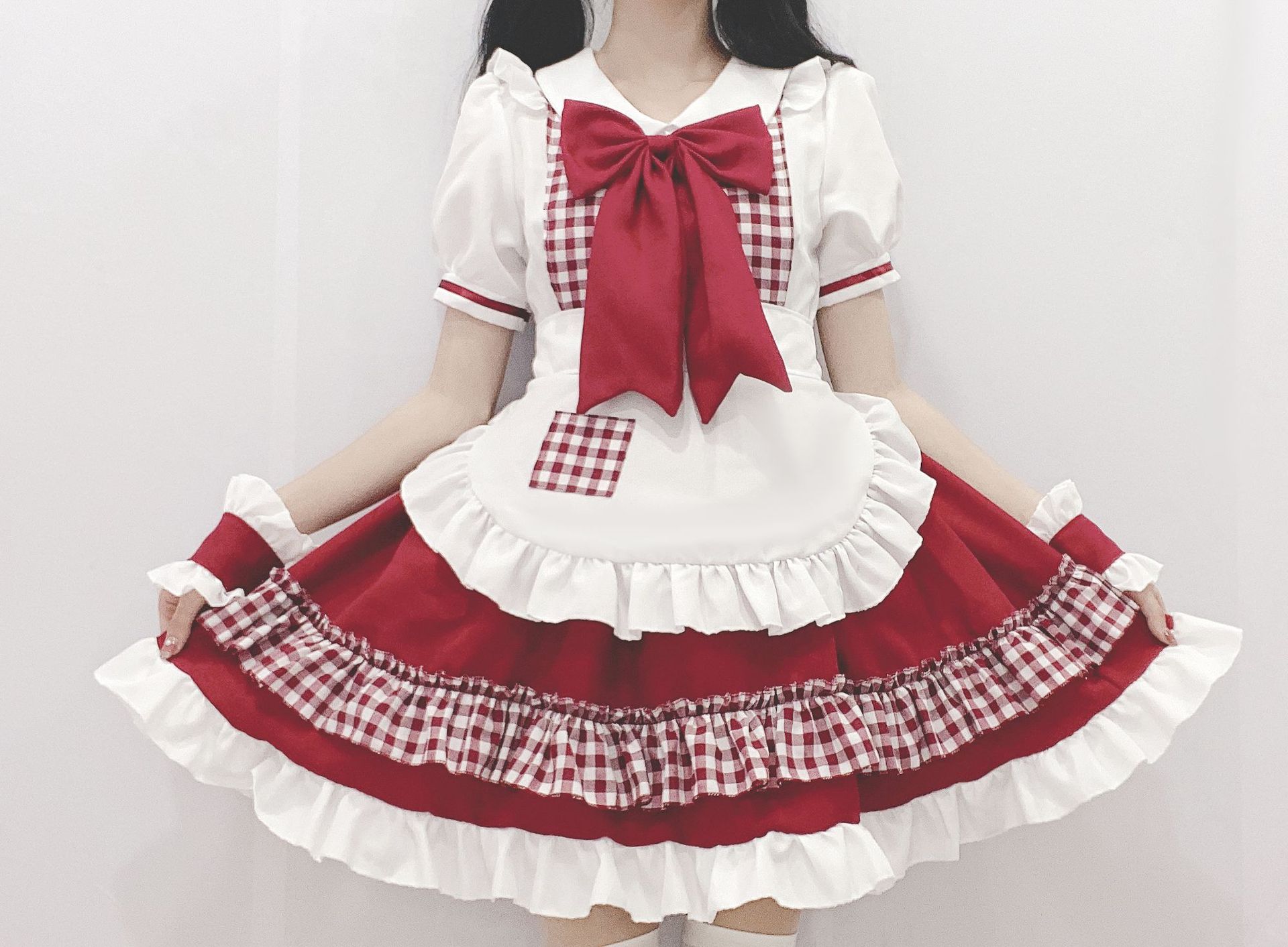 圣诞女仆 红白格子女仆装 cos动漫二次元公主裙 lolita连衣裙