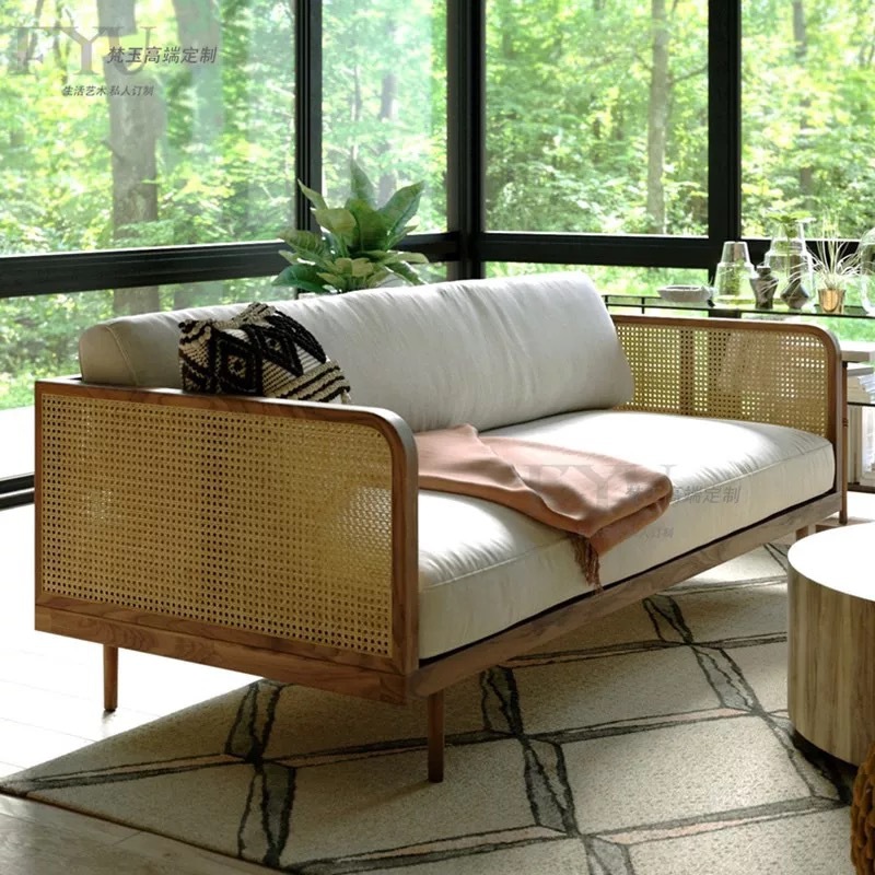 新中式休闲藤编沙发 侘寂风网红民宿酒店室内装饰藤椅沙发可定 制