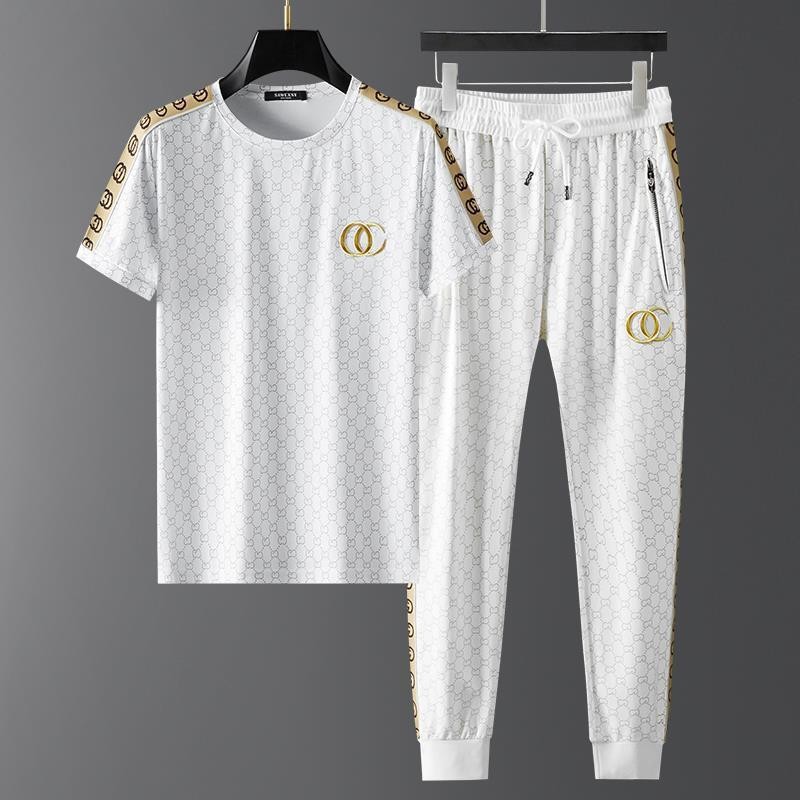 2022 Ice Silk Shorts Suit Male Letter Embroidered Short Sleeve Large Size Korean Style Trendy Casual Sports Two-Piece Set