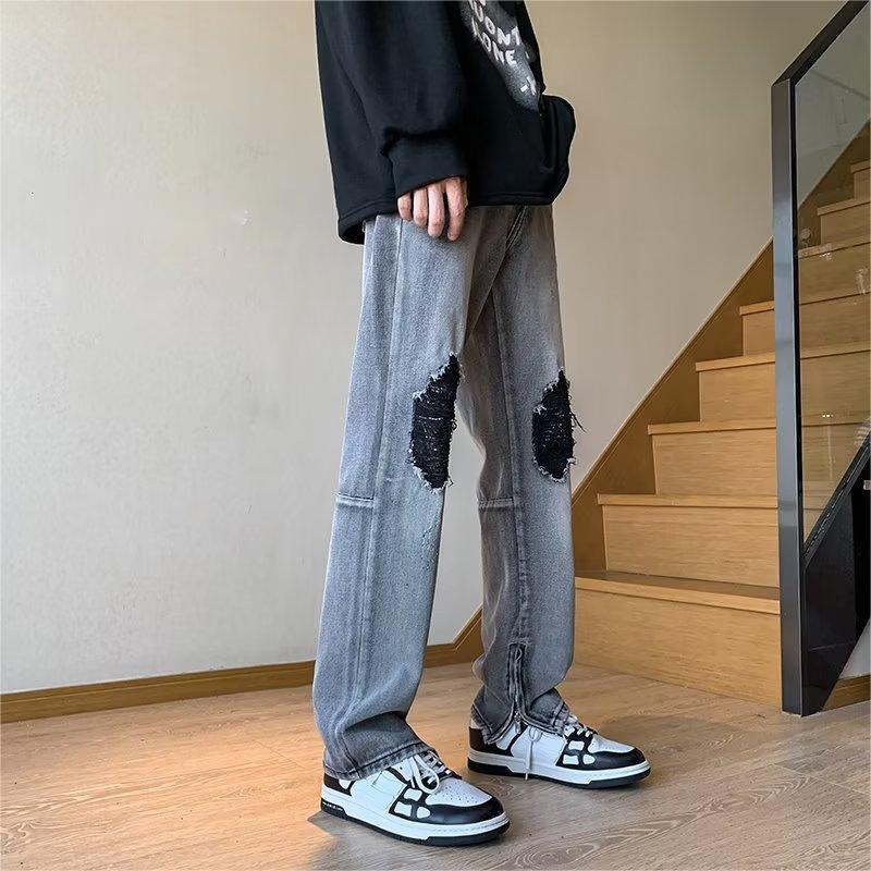 膝盖破洞补丁牛仔裤男款修身小脚欧美vibe裤子美式拉链开叉微喇裤