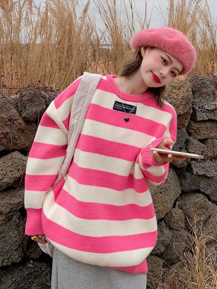 韩chic宽松慵懒条纹毛衣女早秋新款外穿2021秋冬粉色针织衫潮 深
