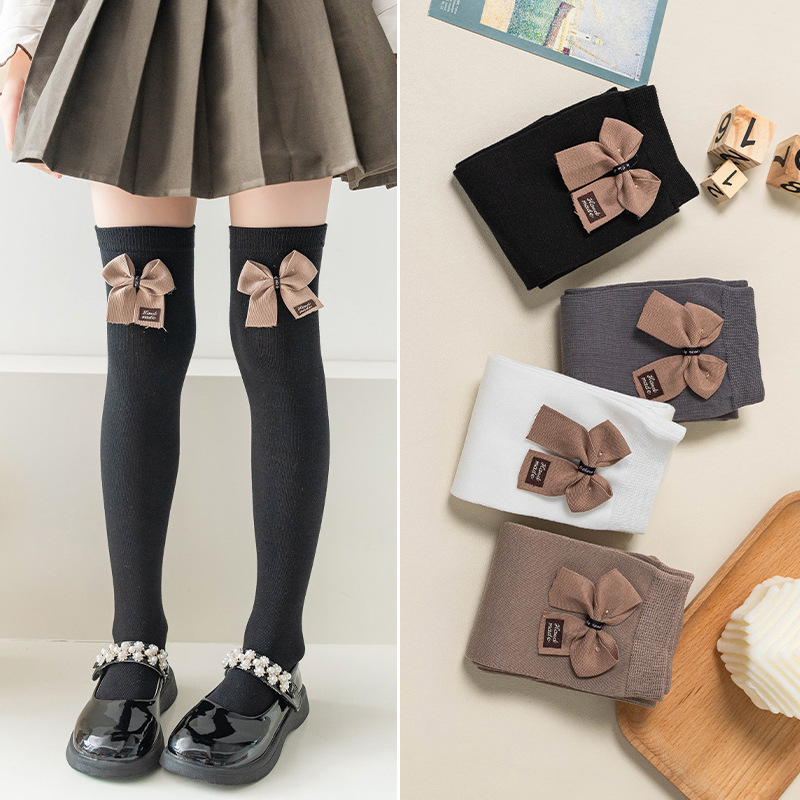 儿童过膝袜春秋款日系女童抗起球布标蝴蝶结中长筒袜子学生大腿袜