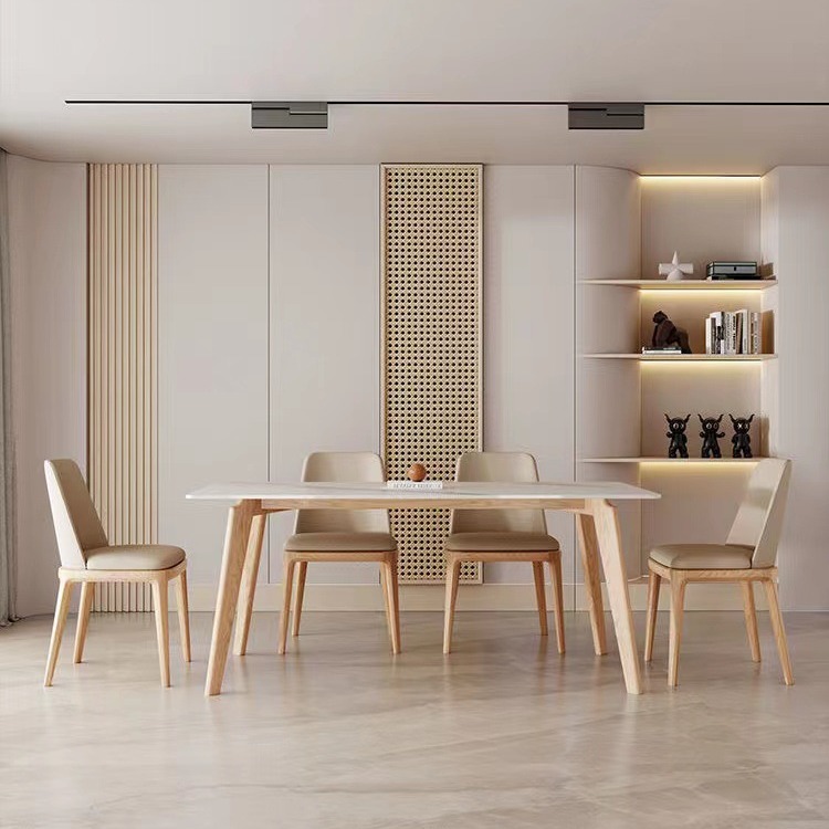 奶油风岩板餐桌椅组合日式侘寂风小户型北欧原木色设计师实木饭桌