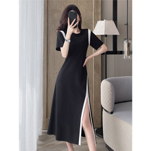 深圳南油法式黑色连衣裙女夏季收腰遮肚显瘦高级感开叉小黑裙气质