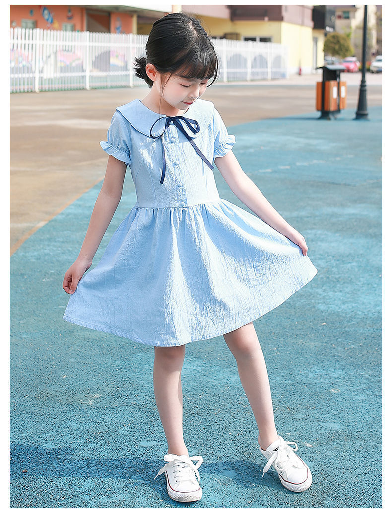 女童娃娃领连衣裙中大儿童小学生无袖薄款纯色无袖衬衫式棉布裙子