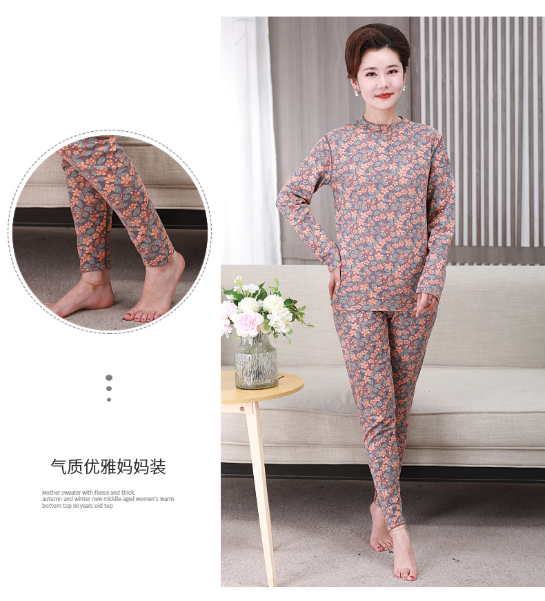 中老年大码印花徳绒保暖套装女士半高领宽松秋冬加绒妈妈装批发详情13