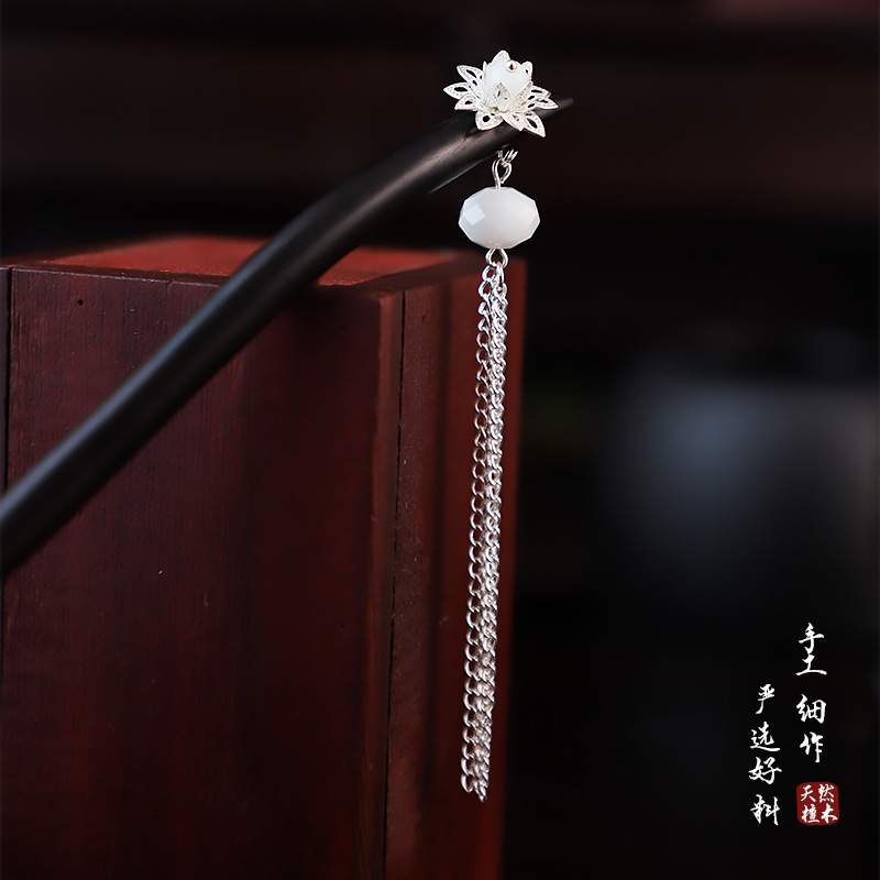 古风木质黑檀木发簪女簪子新中式简约旗袍配饰头饰长流苏马面裙