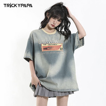 TKPA美式vintage复古贴布刺绣牛仔短袖T恤男女街头国潮牌半袖体恤