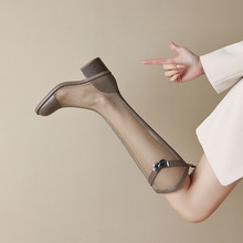 牛皮靴子女2023新款薄款镂空长靴锁扣粗中跟高筒凉靴夏季性感网靴