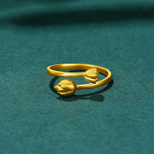 新款古法素圈两世欢戒指指环越南沙金国潮莲花莲蓬开口戒指女批发