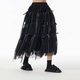 日系暗黑风蓬蓬裙带网纱拼接高腰蛋糕裙层叠复古包裙百搭半身裙