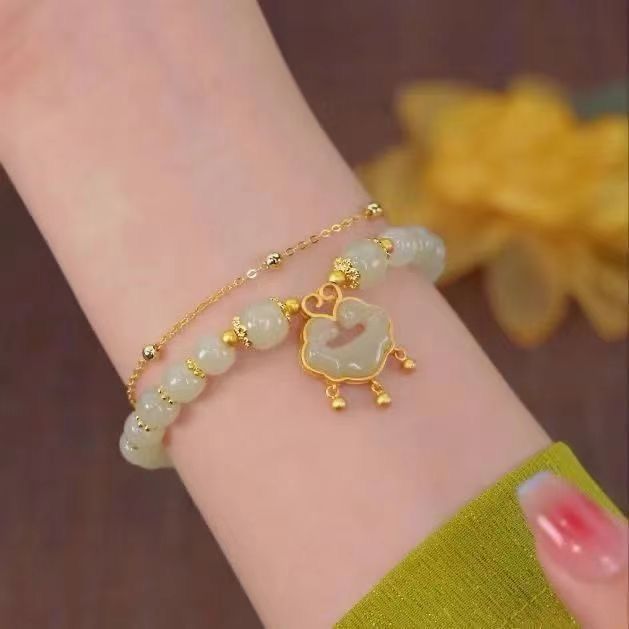 New Chinese Style Longevity Lock Jade Hare Bracelet Women's Ins Good-looking Students Bracelet Girlfriends Ancient Style Birthday Niche Gift