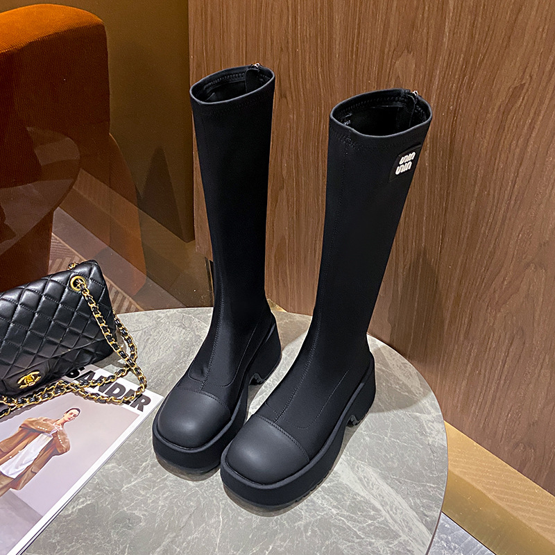l3997高筒时装靴秋季新款软厚底粗跟防水台圆头后拉链高跟长筒靴