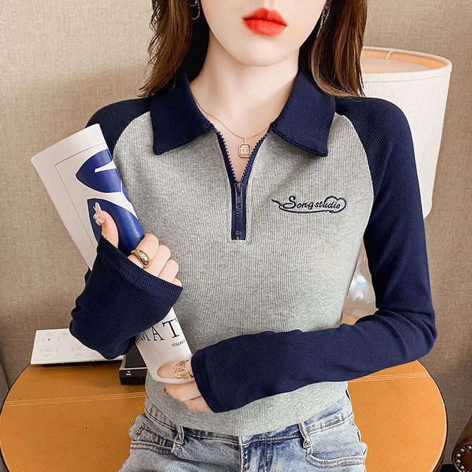 2022 Autumn New Color Matching Short-Sleeved T-shirt Women's Polo Collar Bottoming Shirt Slim Fit Slim Fit Versatile Top Fashion