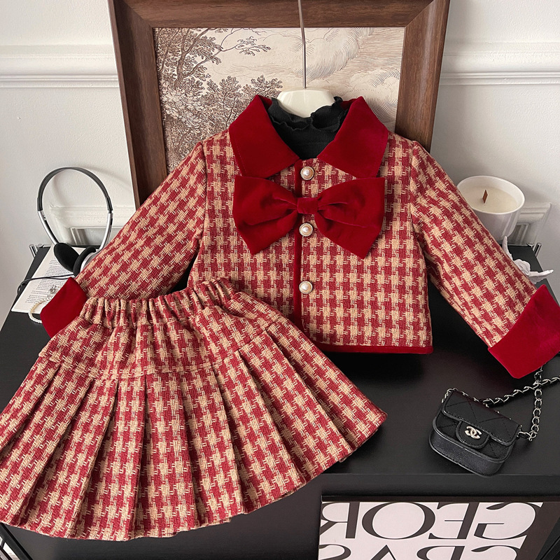 2023 Girls' Clothing Winter Classic Style Thickened Set Baby Red Houndstooth New Year plus Cotton Two-Piece Set