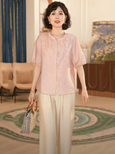 新中式妈妈夏装短袖上衣2024新款小衫洋气宽松中老年女套装