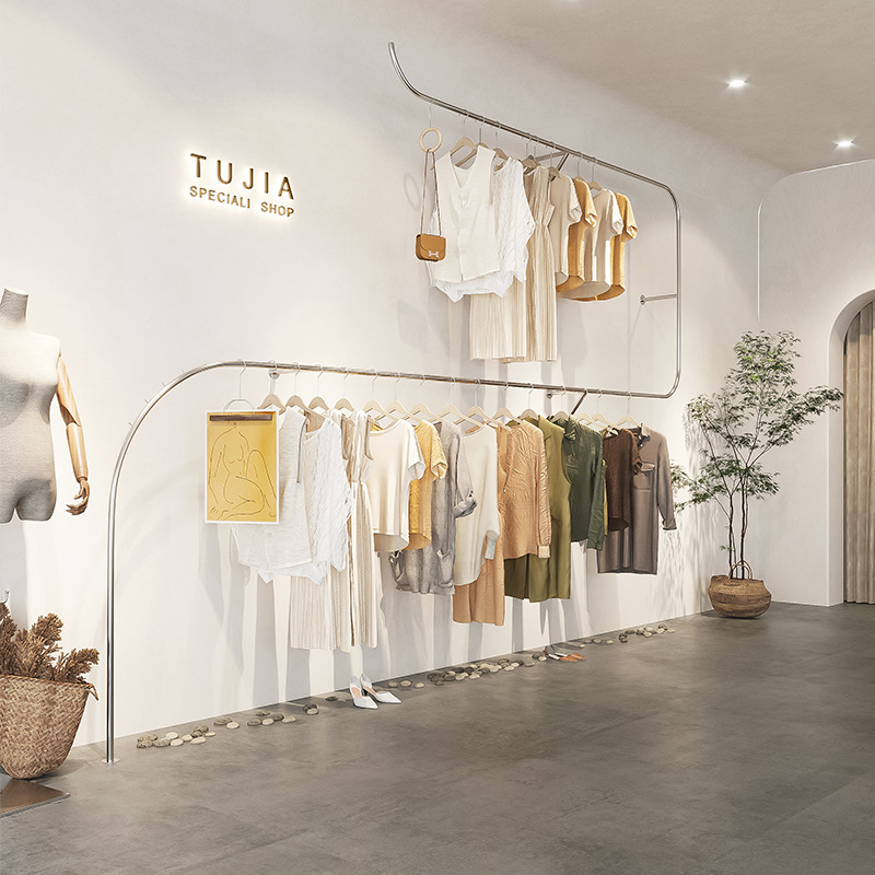 服装店挂衣架女装壁挂货架不锈钢拉丝上墙陈列架衣服架子相似店铺>