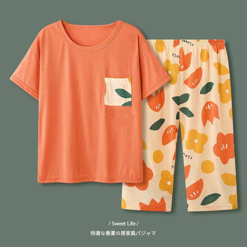 Cross-Border Pajamas Women's Summer Short-Sleeved Cropped Pants Pullover round Neck Printed Girls' Spring and Autumn Widened Homewear Suit