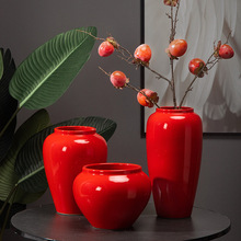 景德镇红色陶瓷花瓶新中式现代客厅玄关插干花装饰摆件台面装饰品