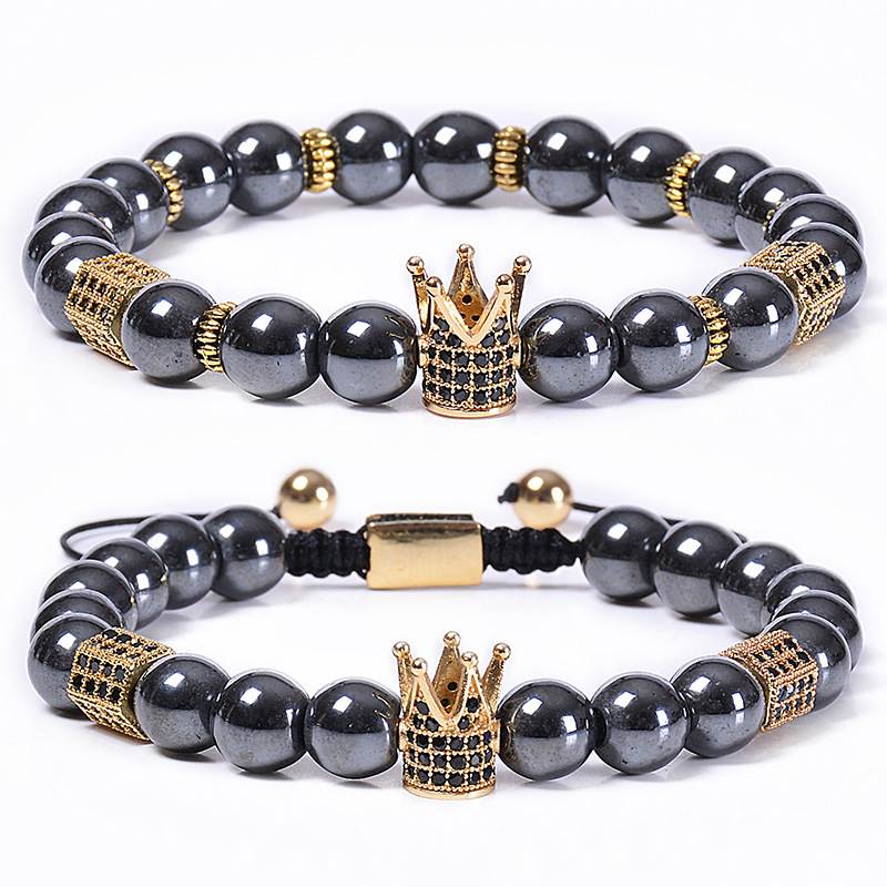 亚马逊热卖磁性黑磁石手链铜微镶锆石皇冠手链编织可调节情侣手链