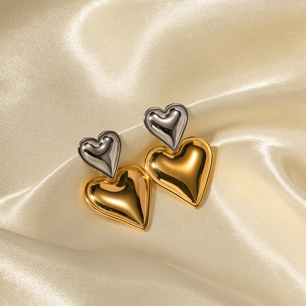 INS Style European and American New 18K Gold Stainless Steel Heart-Shaped Gold and Silver Color Matching Earrings Stainless Steel Earrings for Women