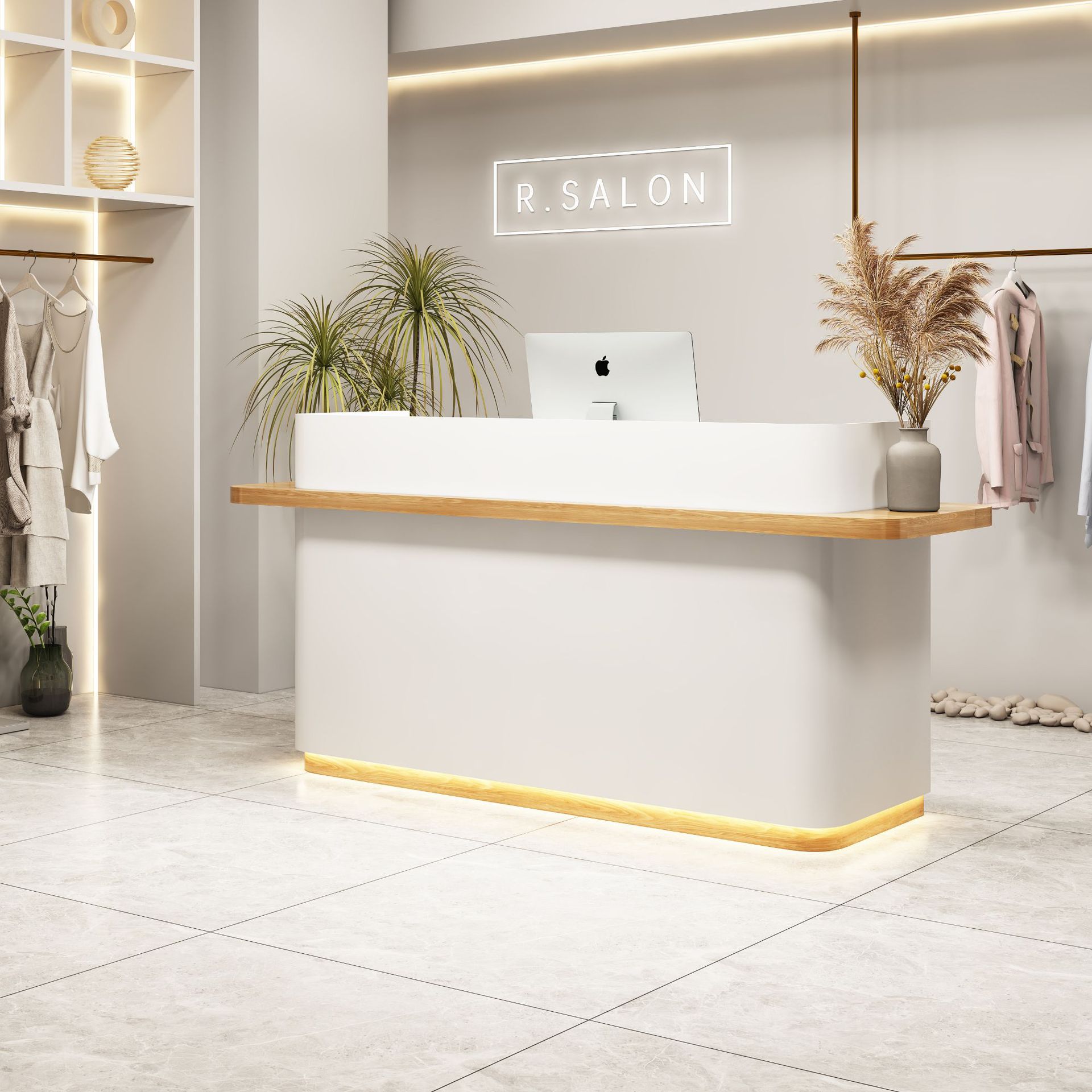 服装店收银台简约现代美容院公司前台奶茶店理发店带灯圆弧接待台