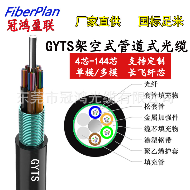 冠鸿光缆厂家GYTS 4-144芯B1室外单模铠装层绞式架空管道光纤光缆