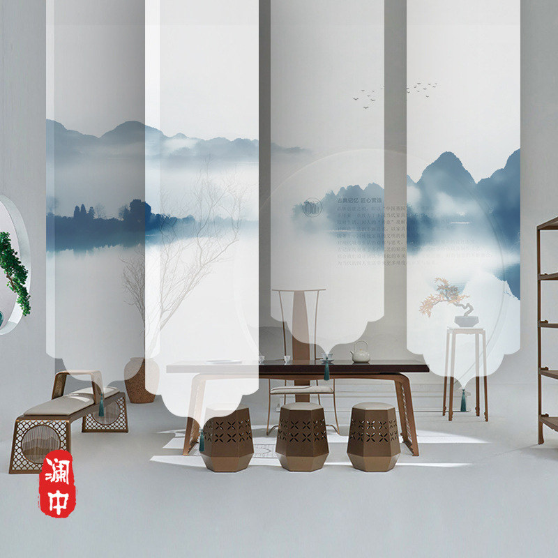 新中式山水画风景电动卷帘窗帘遮光茶室玄关半透明软隔断屏风帘子