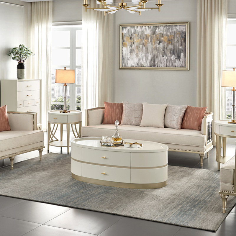 新美式轻奢实木茶几电视柜现代简约客厅组合家具香槟金椭圆形茶桌