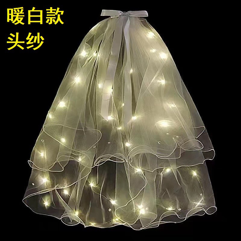 Luminous Internet Celebrity Veil Double-Layer Super Fairy New Bow Pearl Ribbon Bow Veil Headwear with Light