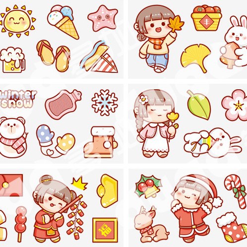 小麻薯女孩系列pet贴纸包可爱卡通手帐diy手机壳防水装饰贴画