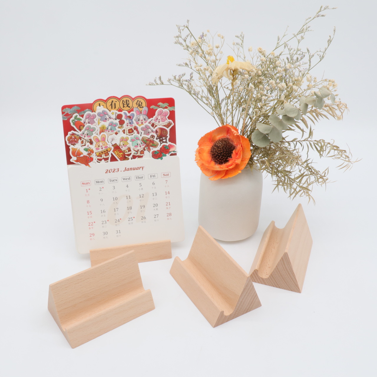 Shanhe Desk Calendar Wooden Base Mountain-Shaped Wooden Calendar Seat Beech Desk Calendar Multi-Purpose Office Calendar Wooden Base