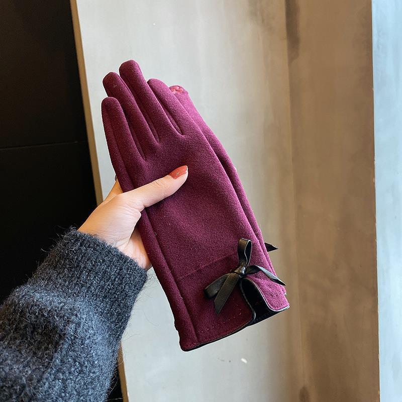 Winter Women's Korean-Style Cute Bow Velvet Thickened Autumn Riding Electric Car Cold-Proof Warm Touch Screen Wholesale