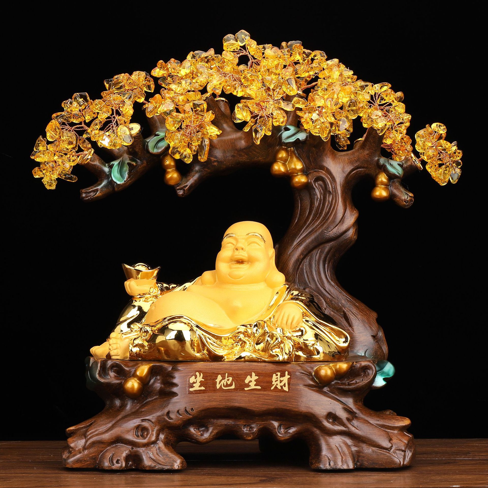 沙金坐地生财发财树弥勒佛摆件树脂工艺品客厅收银台店铺开业礼品