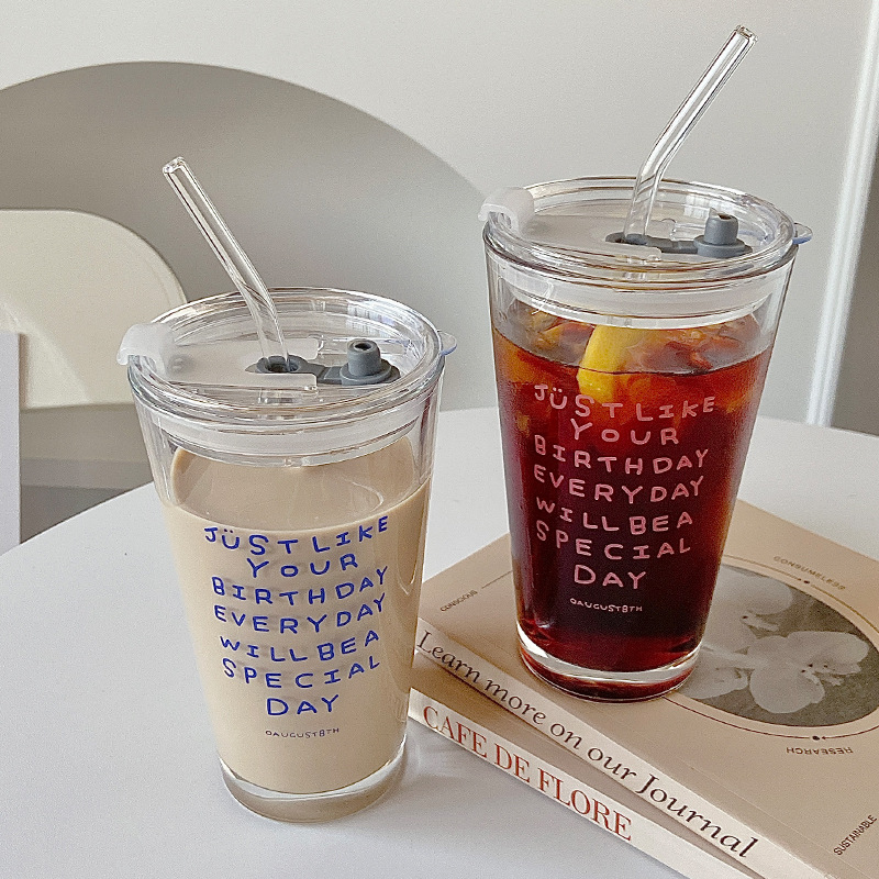 Thermal Transfer Printing Korean Ins Style Glass Straw Cup Large Capacity Milk Tea Cup Simple Alphabet Water Glass Wholesale