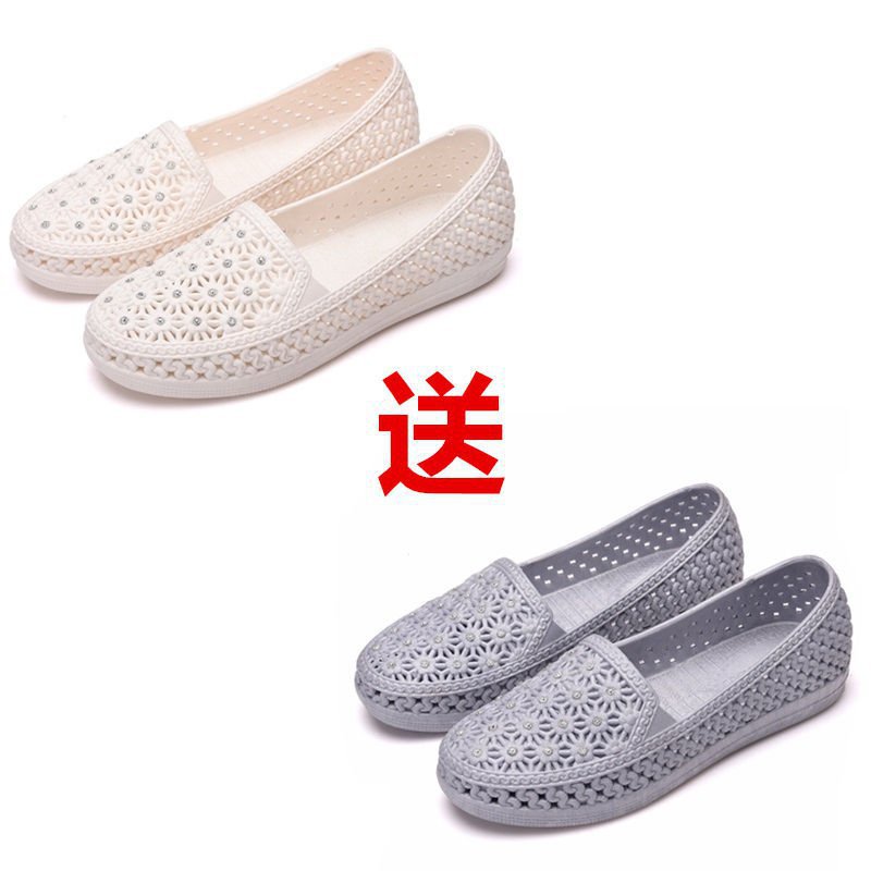 Buy One Get One Free Summer Plastic Hole Shoes Breathable Hollow Women's Sandals Soft Bottom Mom Shoes Flat Toe Box Beach Shoes