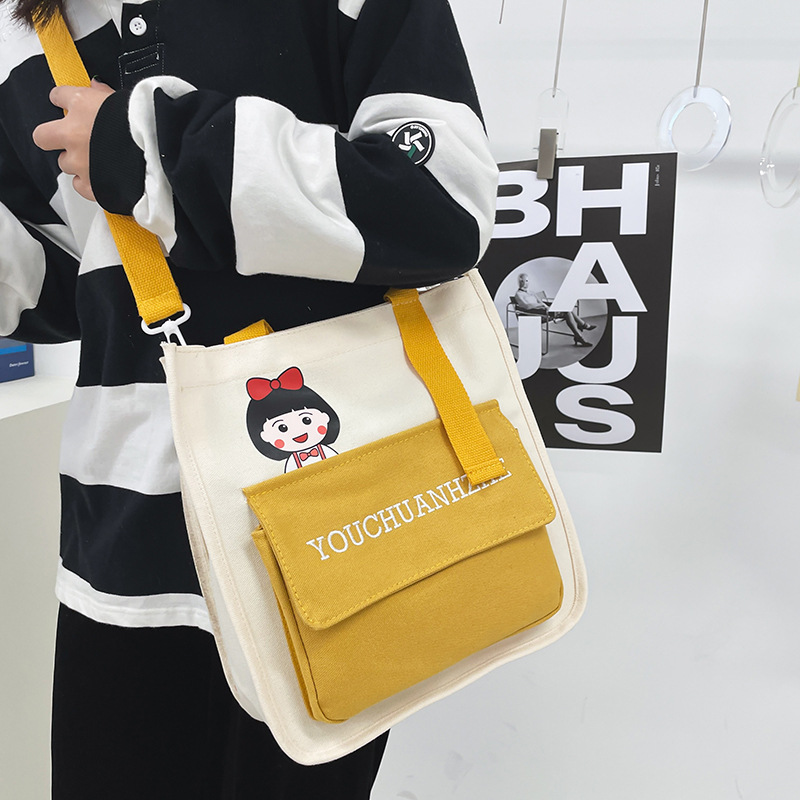2020 Spring Japanese College Style Simple Cute Cartoon Little Girl Contrast Color Girl Student Canvas Messenger Bag