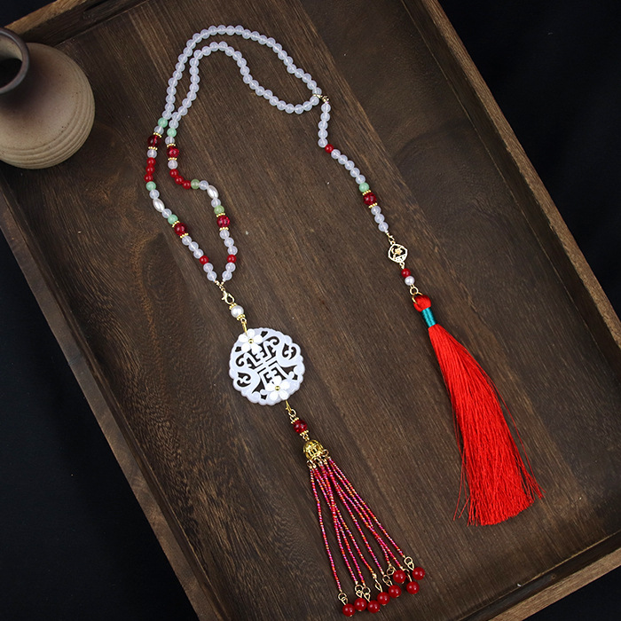 古风马面裙配饰项链背云长璎珞明制流苏汉服玉佩吊坠软璎珞红色