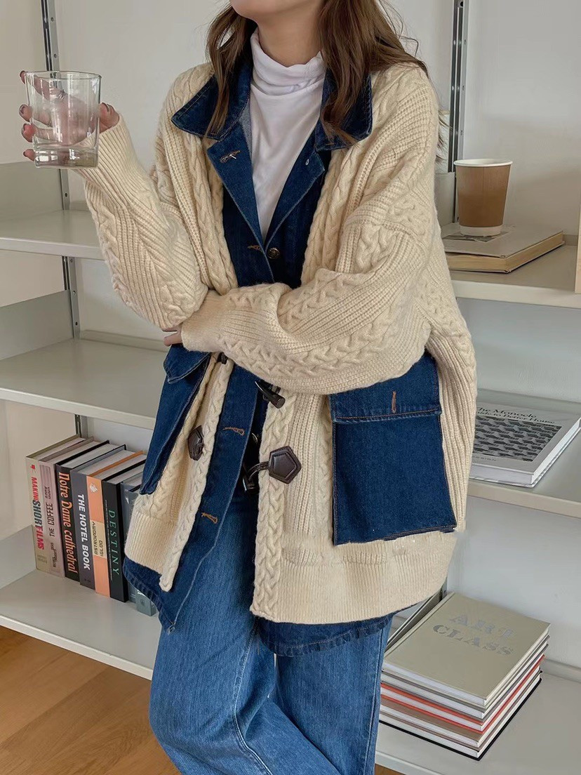 欧货2022年新款牛仔拼接毛衣外套开衫女中长款慵懒风宽松大版针织