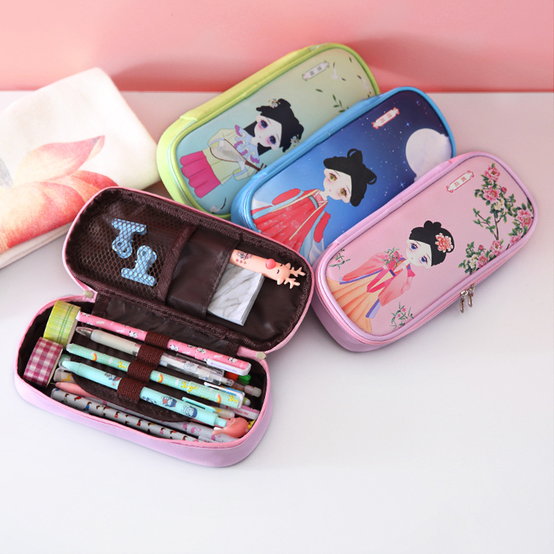 Antique Beauty Series Pu Pen Bag Chinese Style Multi-Functional Large Capacity Waterproof Pencil Box Zipper Stationery Box