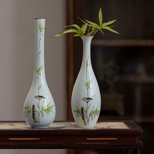 中式陶瓷手绘竹叶小鸟观音瓶书桌插花客厅桌面小花瓶家居饰品摆件