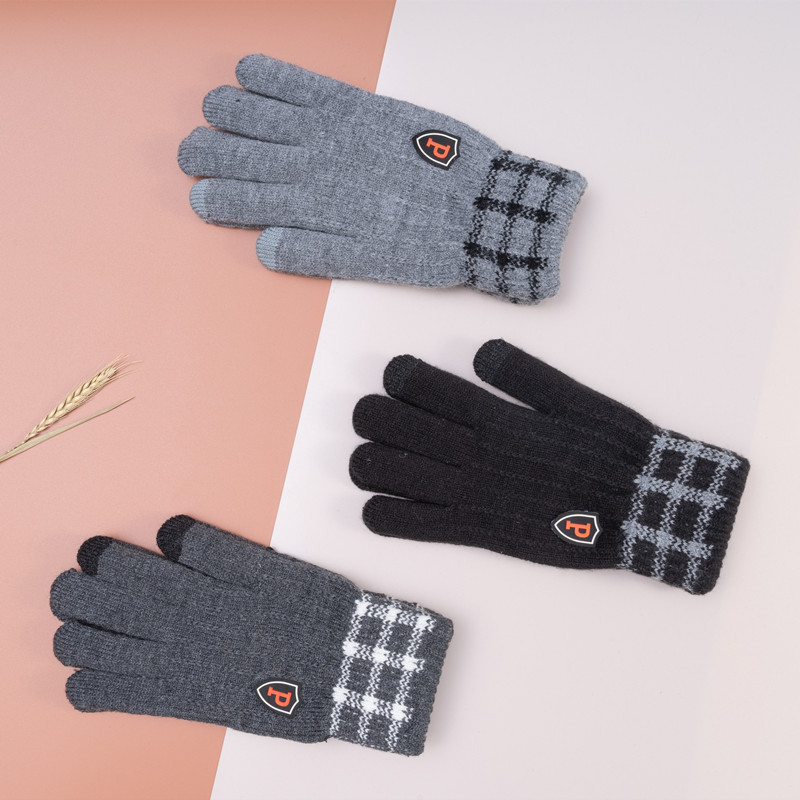 Gloves for Male Students Autumn and Winter Thickened Fleece-Lined Touch Screen Five-Finger Wool Knitted Cold-Proof Warm Cycling Wholesale