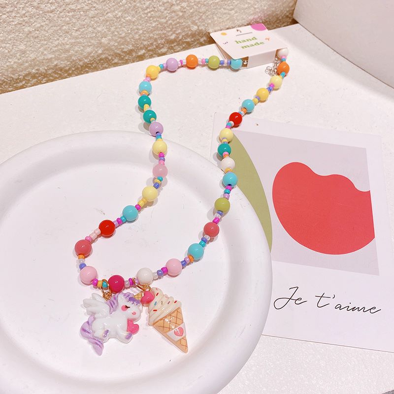 Hd2122a05 Sweet Cool Korean Style Series Rainbow Beaded Unicorn Children's Necklace Niche Creative Clavicle Chain Necklace Female